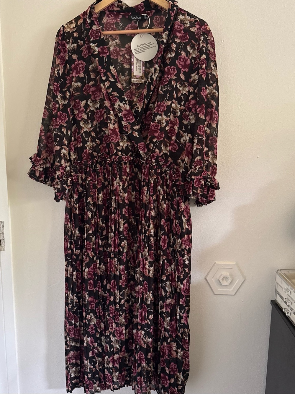 boohoo Black Midi Dress with Burgundy Rose Floral Print